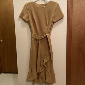 Calvin Klein Women's Short Sleeve Boat Neck Tan Wrap Tie Ruffle Dress Size 2